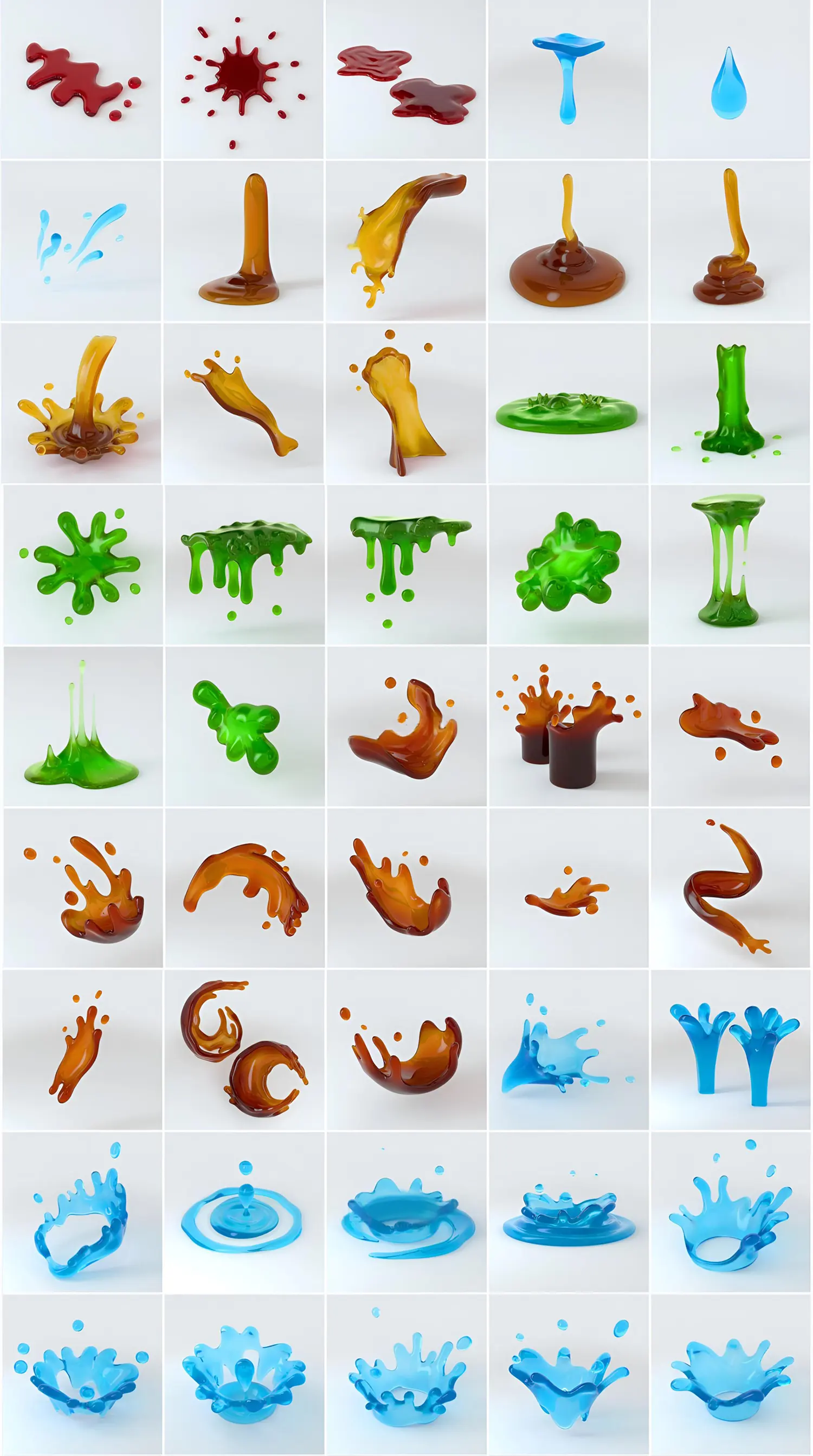 45组白模液体飞溅模型大全Blender/C4D/OBJ格式多平台输出高兼容性整合The Happy Toolbox – Splash