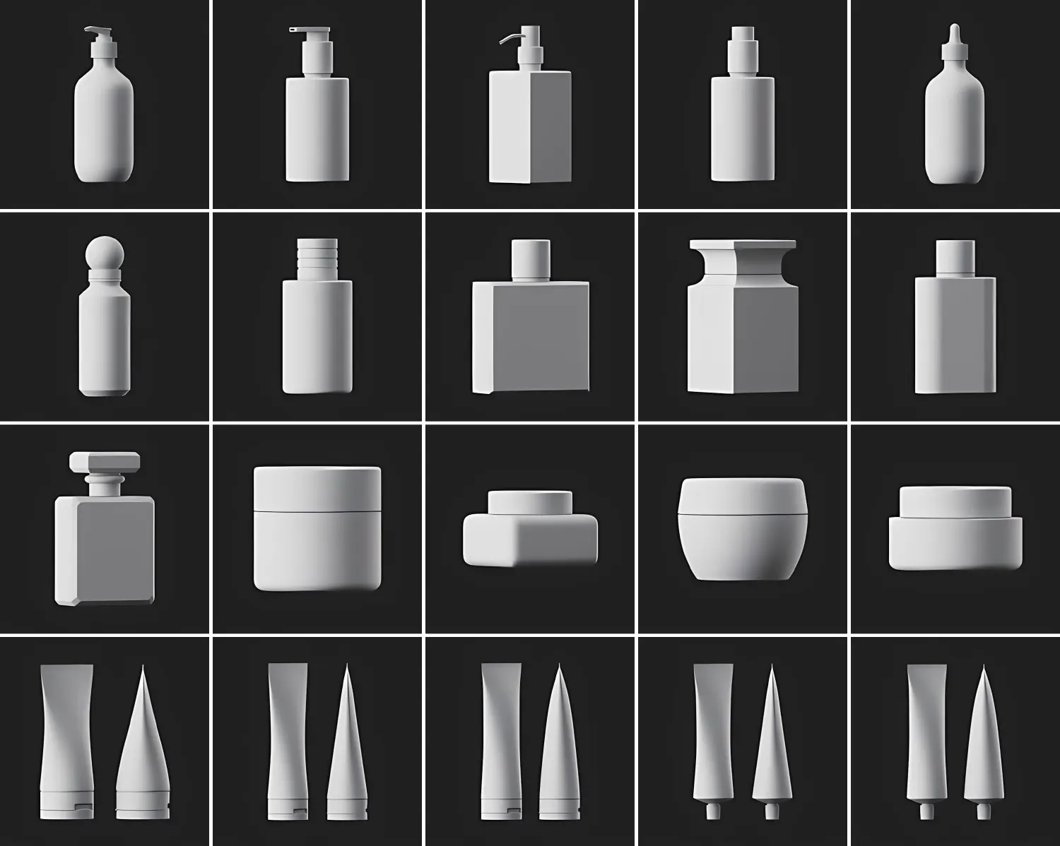 C4D/FBX全兼容20组高质电商化妆品包装模型，含洗面奶沐浴露喷雾精华多样造型Greyscalegorilla Cosmetic Bottle 3D Model Pack for E-commerc
