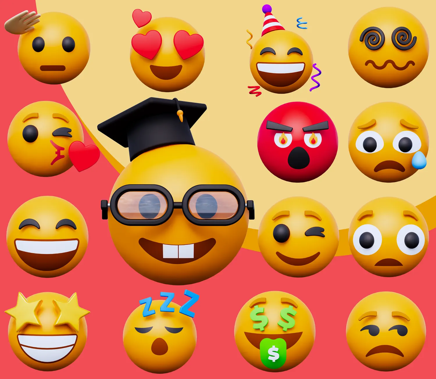 15个卡通精致Emoji表情3D立体图标素材-支持c4d和obj格式各类网络平台与数字设计场景应用Collection Emoji 3D Icon Pack