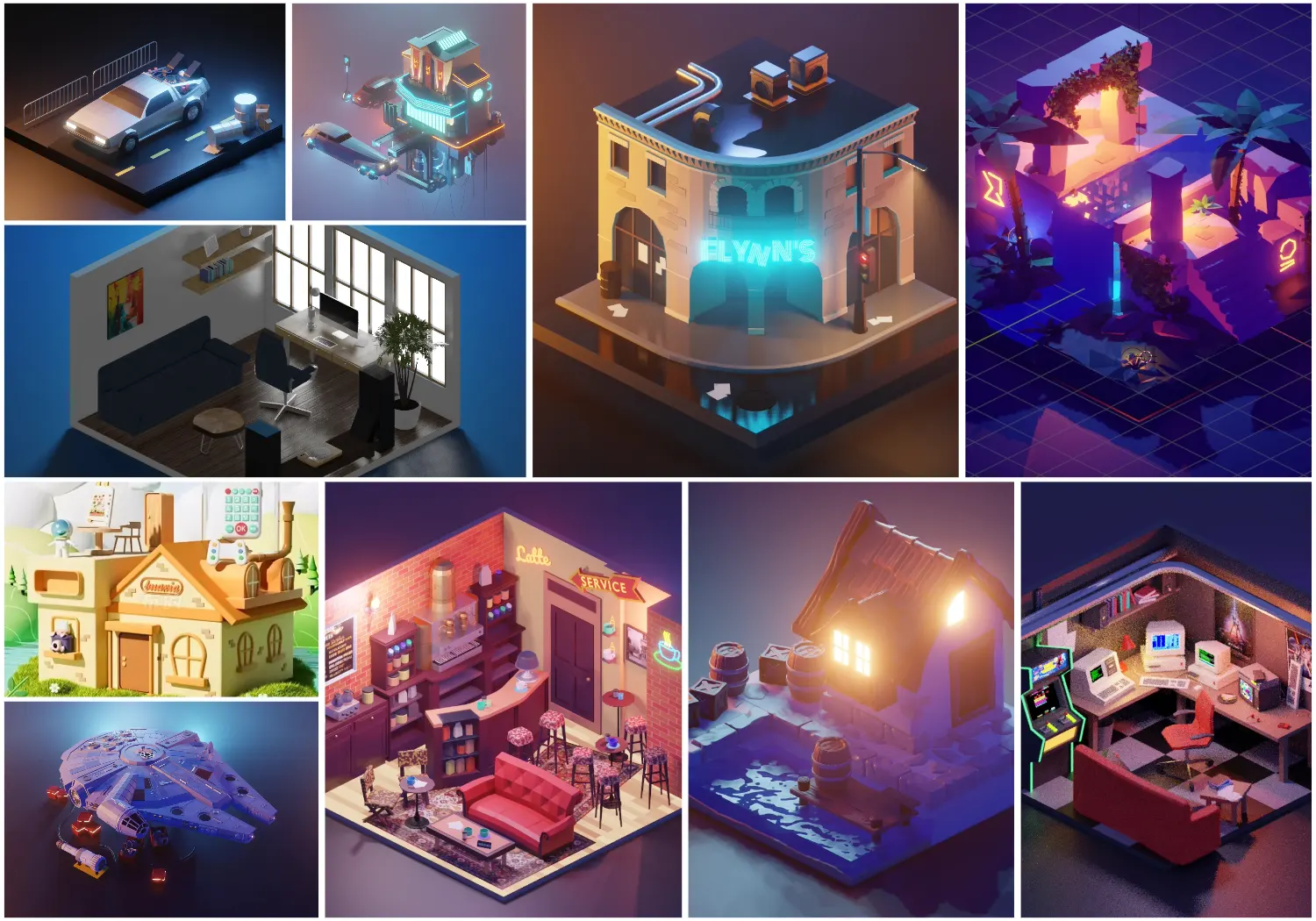 动漫美术师专用的Blender卡通插画场景系列模型包，一次性获取103个不同主题超精致模型A Collection Of 103 High-Quality Blender Cartoon Illust