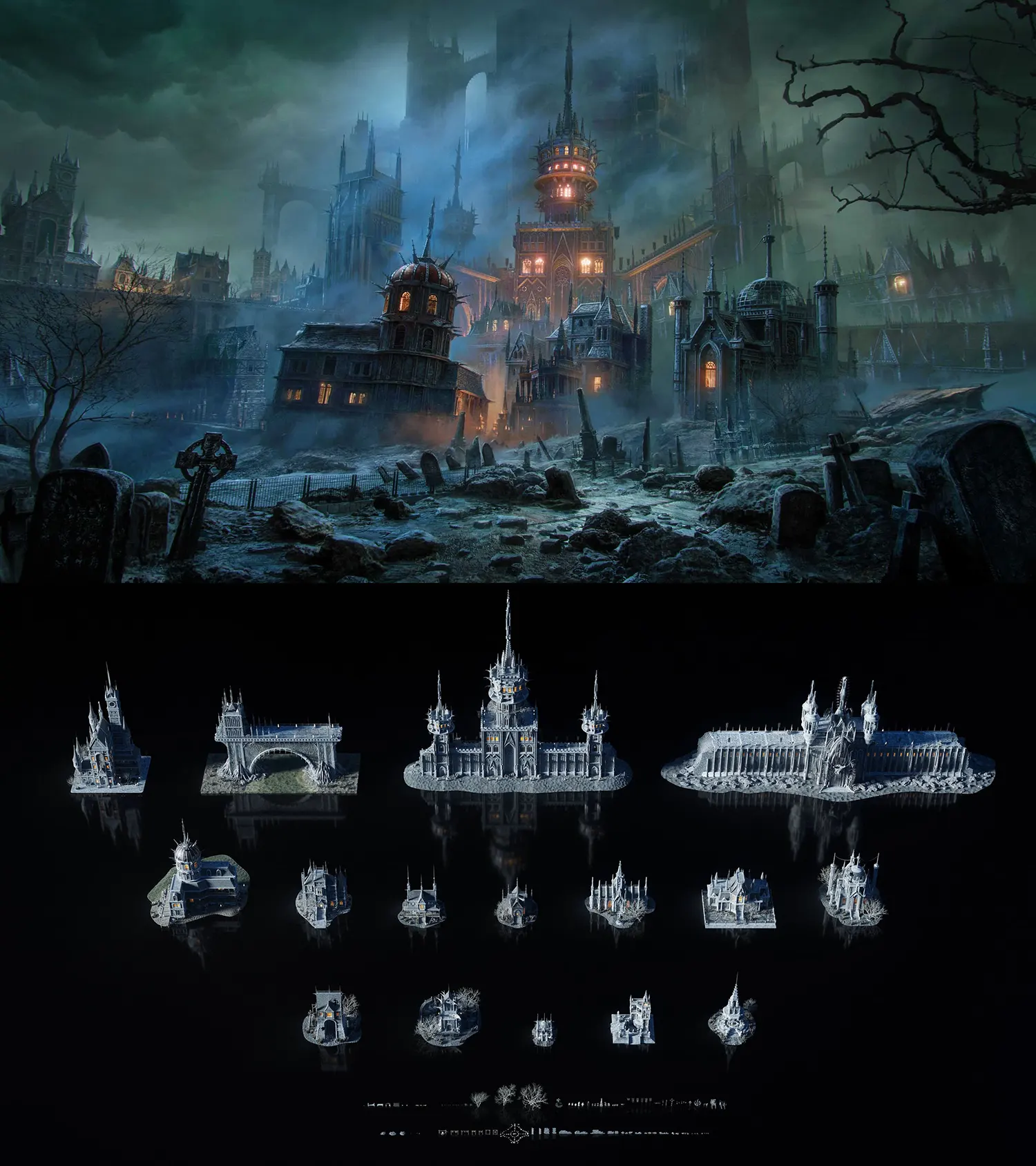 奇幻视觉巅峰！诡秘幽灵古堡墓地场景建筑C4D OBJ Blender 3D模型资源 高清PBR贴图素材下载KitBash3D – Ghost Realm