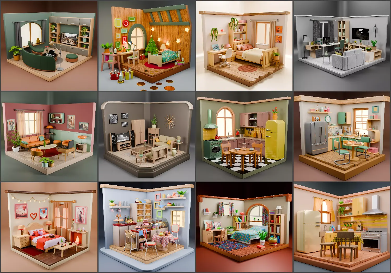 全套家居室内低多边形卡通模型，现代卧室客厅厨房以及甜品店详细3D场景免费下载CGTrader – Isometric Rooms Collection Bedrooms Kitchens Living