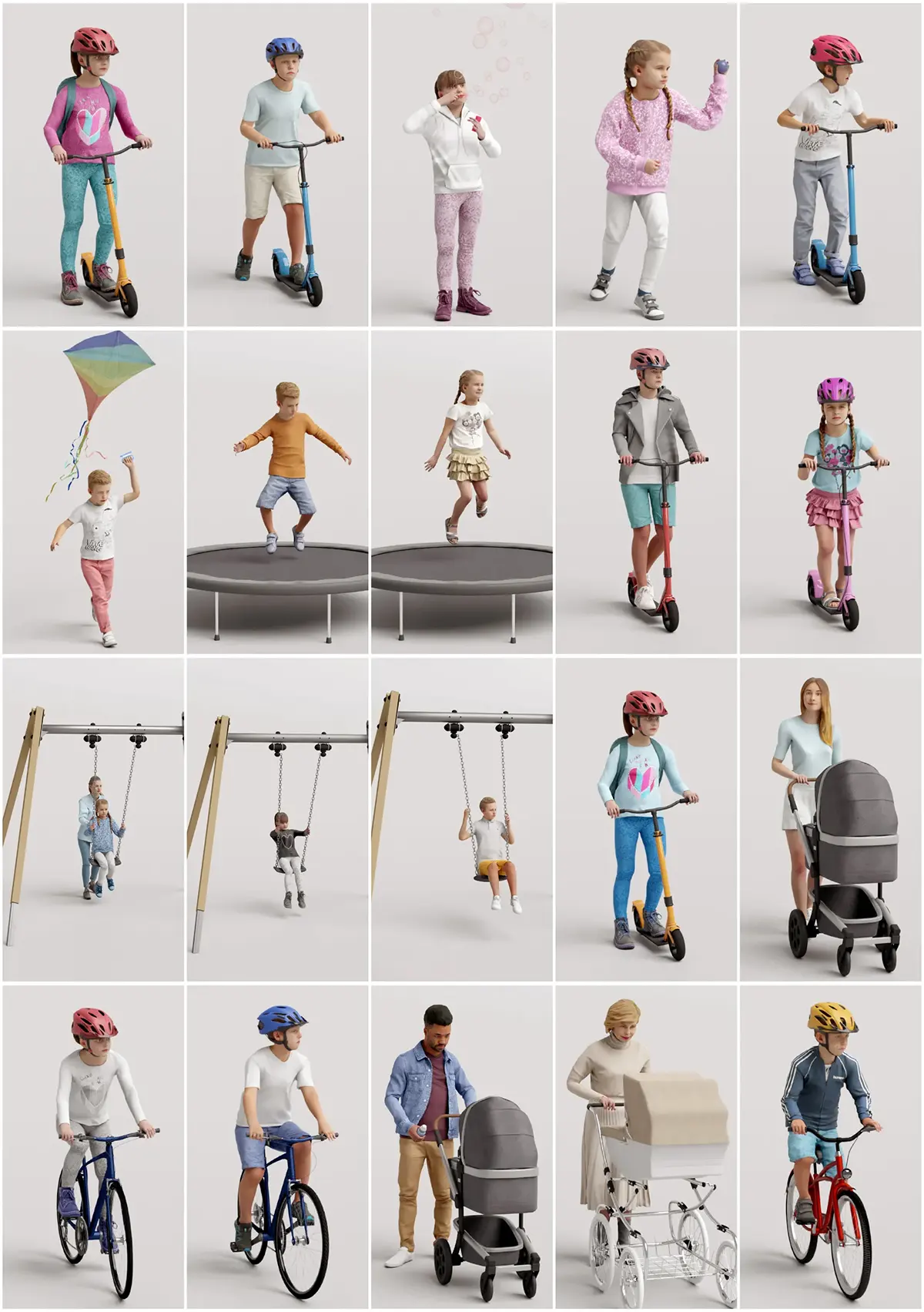 外国小朋友高分辨率6K贴图3D模型大全，含家长婴儿车角色，满足多风格场景需求Humano - Vol.10 Kids