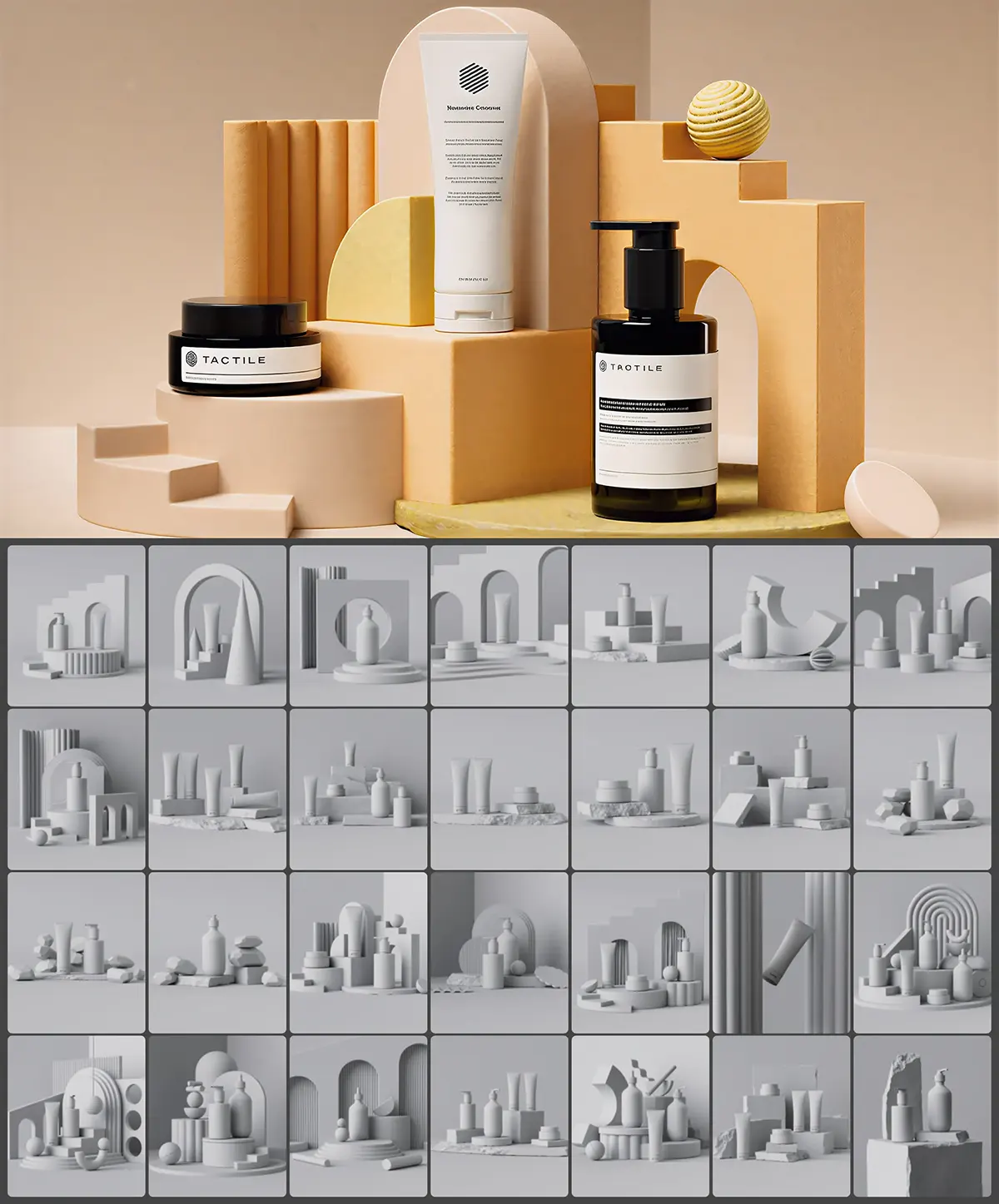 电商广告视觉专用化妆品陈列场景模型-现代极简高质量FBX文件支持多风格渲染应用Product Display Sets