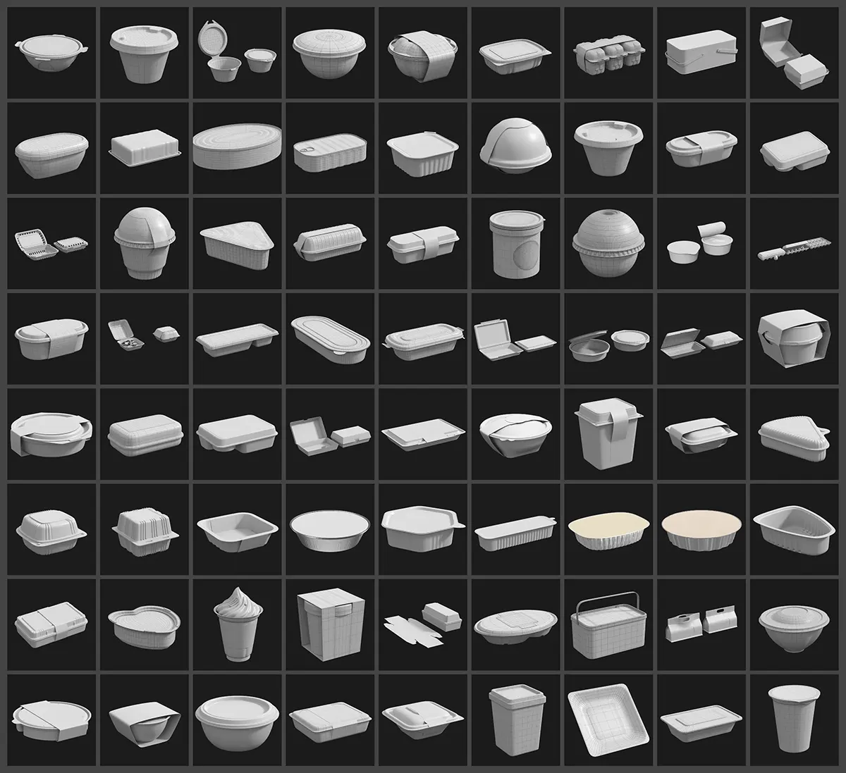 适用于餐饮设计的96个高精外卖包装盒3D模型大全 兼容主流软件带多种格式下载Download 3D model of food packaging box