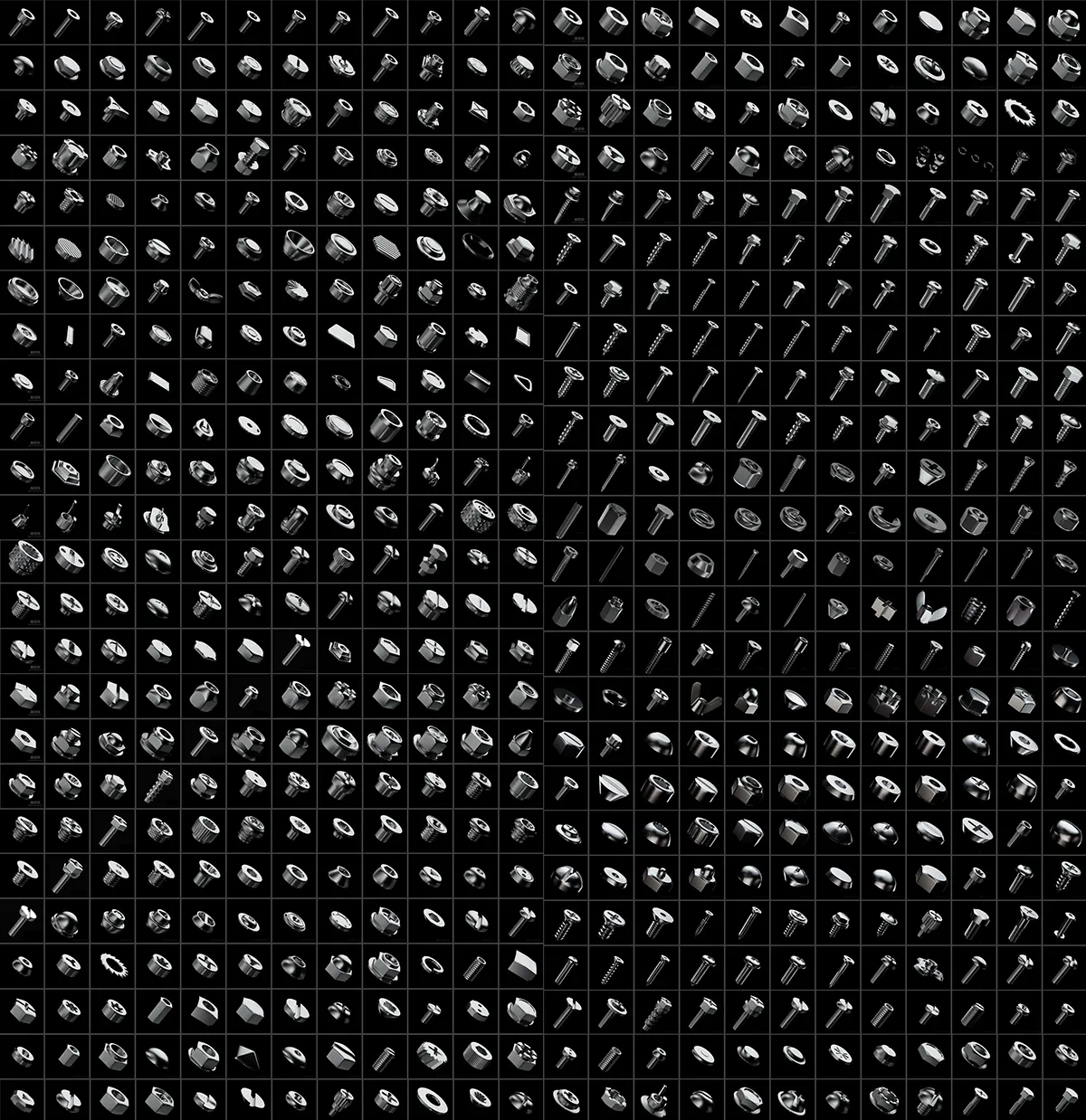 600个全参数可编辑机械螺丝螺母垫圈模型包，适用于工业设计与动画视觉仿真免费下Screw 3D model