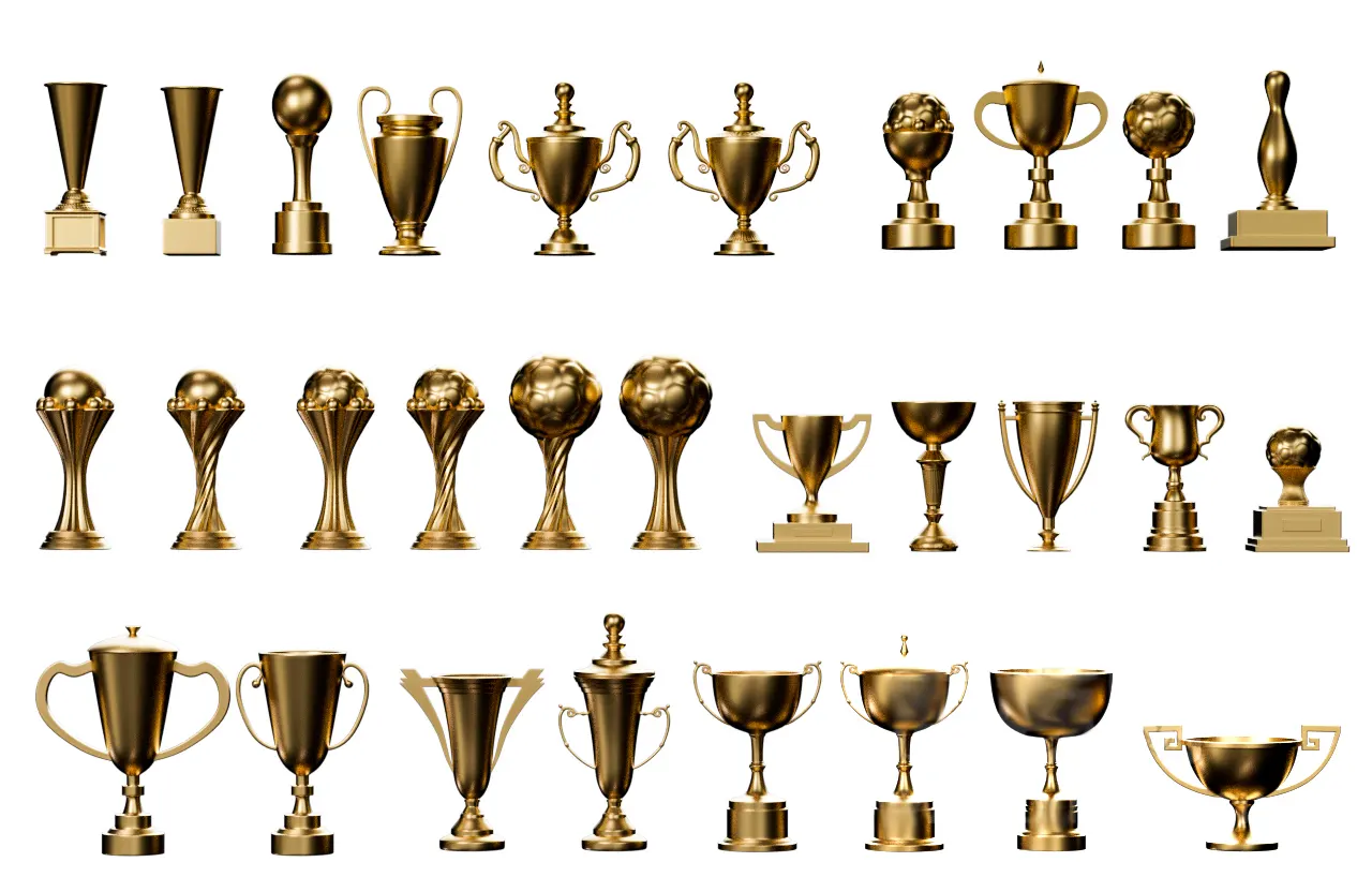 30个体育娱乐竞赛荣誉奖杯模型库 特别适合虚拟现实动画影视及企业宣传应用3D model of golden honor trophy