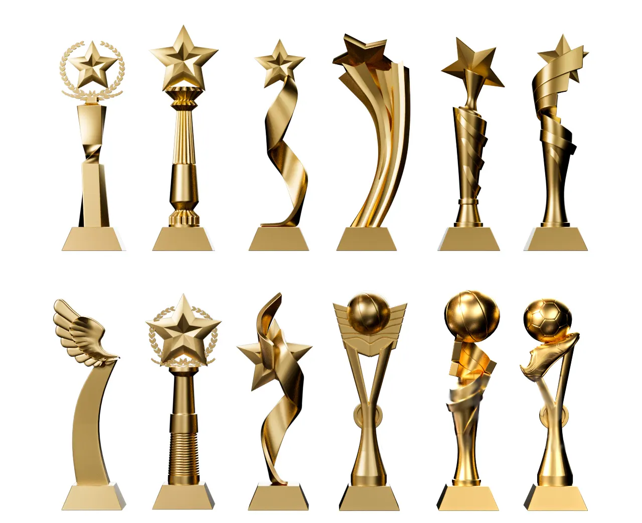 12个学校企业年会比赛颁奖典礼通用立体奖杯模型3D素材含c4d/fbx/obj全格式3D model of golden honor trophy