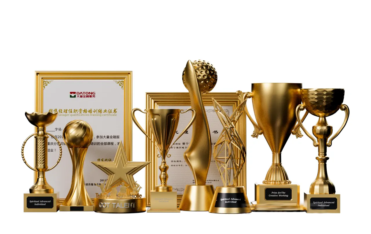 10个企业学校活动颁奖通用荣誉奖杯与证书3D模型，动画场景虚拟展示素材资源3D model of golden honor trophy