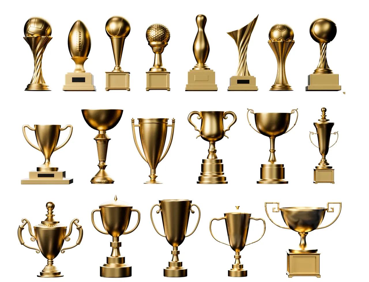 精品金色奖杯三维模型合集免费下载通用于电竞比赛学业成就公司年会等颁奖仪式3D model of golden honor trophy