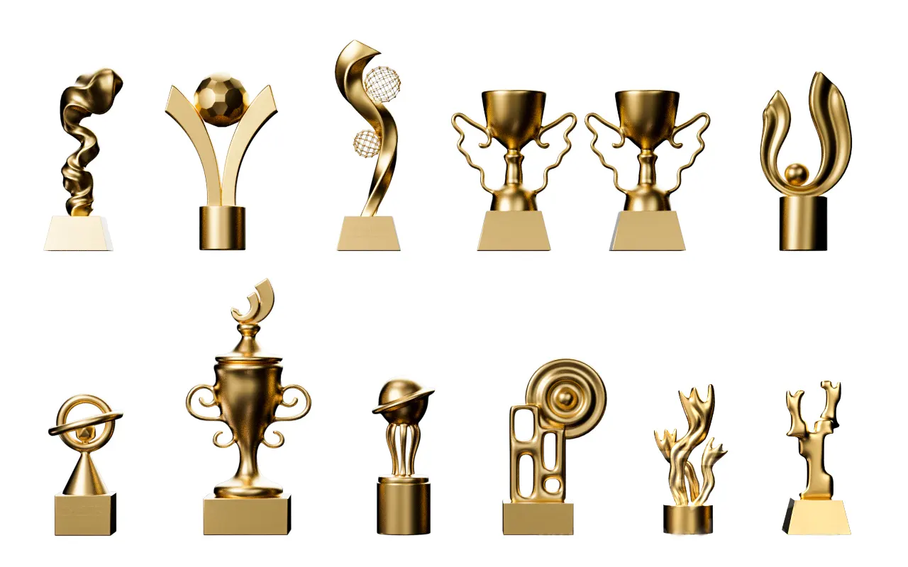 12个跨界设计三维金属奖杯模型免费下载，丰富造型突破传统适合多场合荣誉展示应用3D model of golden honor trophy