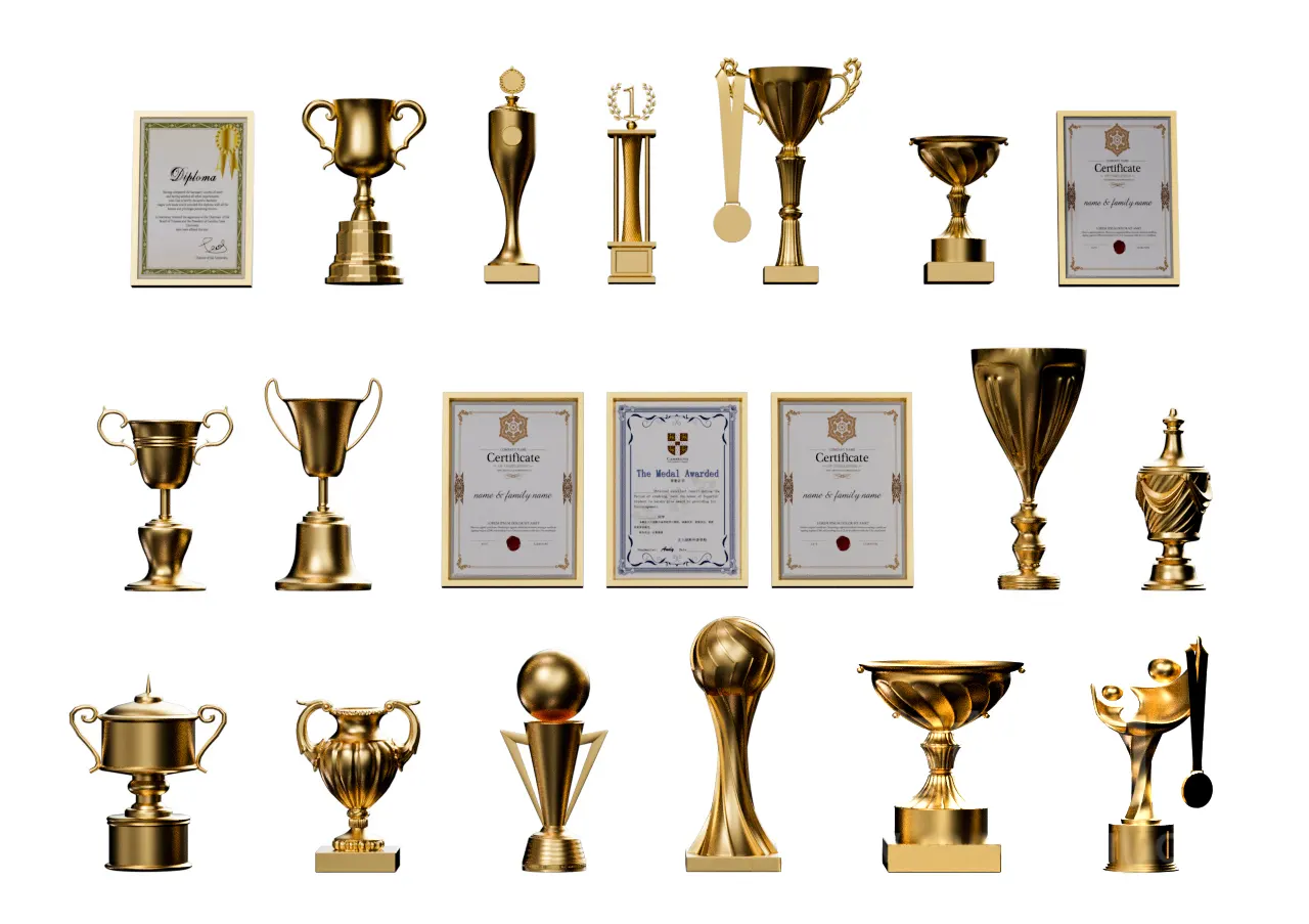 20个融合经典与现代风格金属质感荣誉奖杯证书三维模型大全互联网CG资源站专用3D model of golden honor trophy