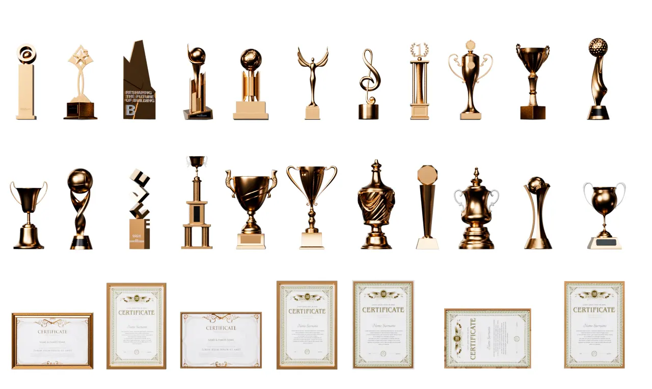 29个覆盖赛事颁奖、企业荣誉、校园竞赛等用途的奖杯证书3D模型，细节丰富易于个性化定制3D model of golden honor trophy