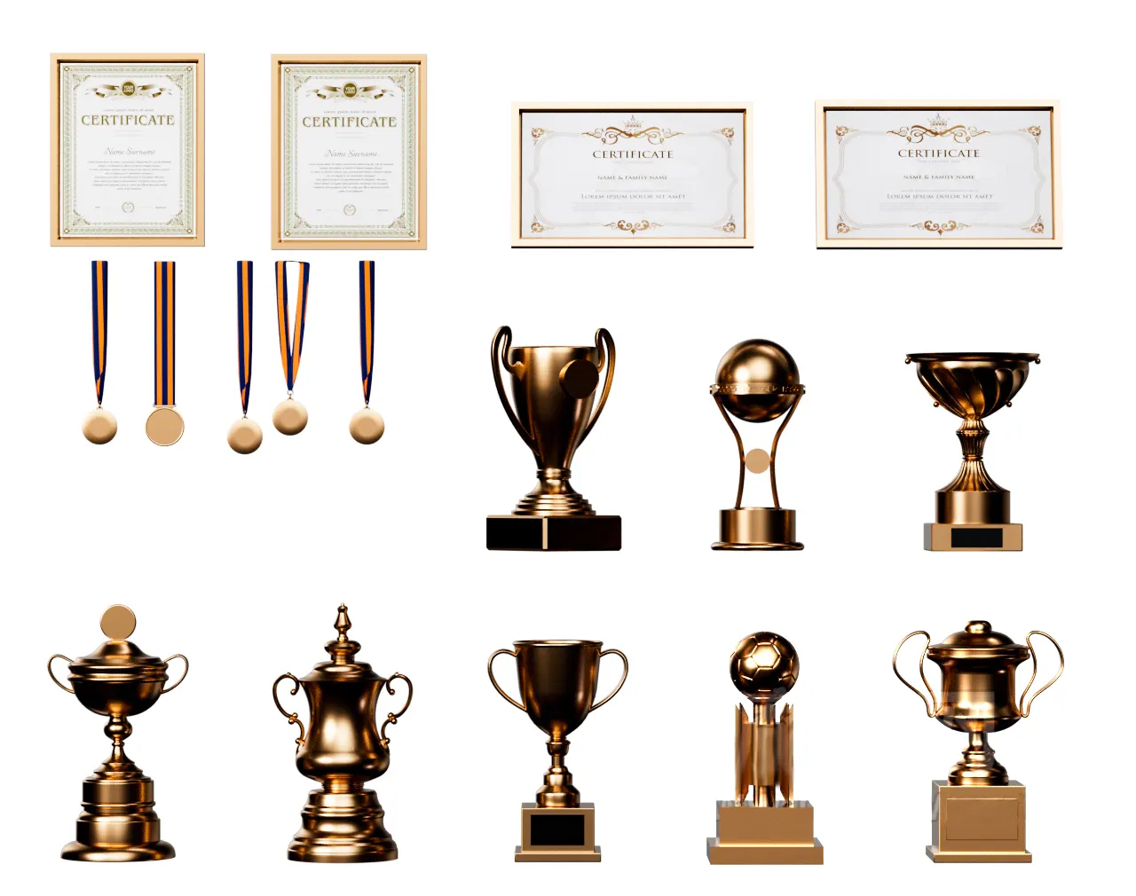 高品质三维奖杯奖牌证书模型资源下载，丰富造型可用于体育比赛、学术竞赛等多元场景3D model of golden honor trophy