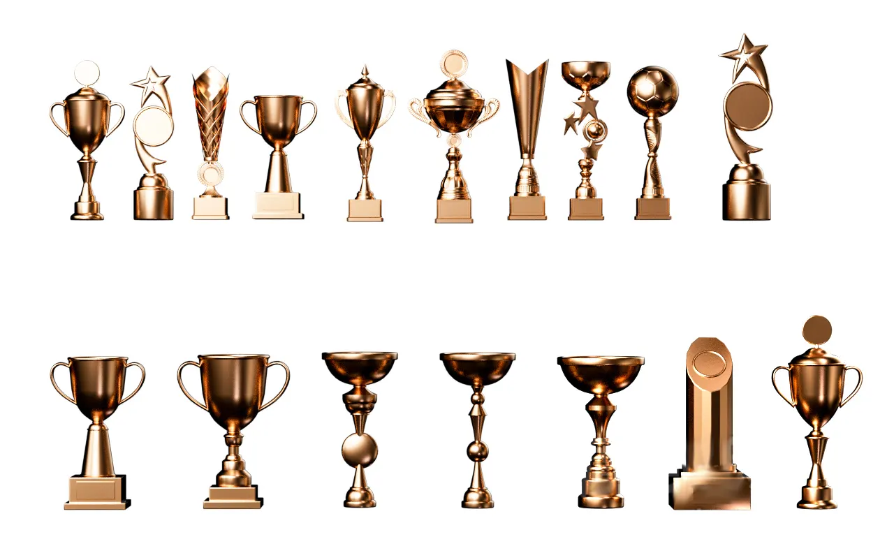 17款支持多平台软件使用的铜色奖杯3D模型下载，真实精细细节，适合渲染与虚拟展示3D model of golden honor trophy