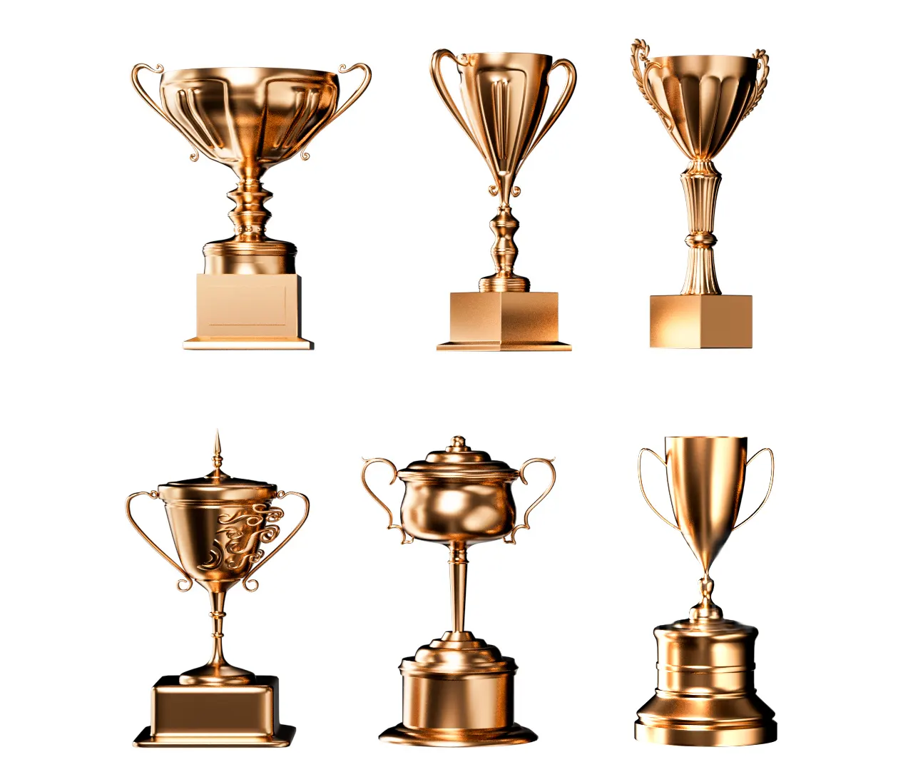 6套支持Cinema 4D/FBX/OBJ三格式金属奖杯模型，适用于动画、广告、影视及游戏开发3D model of golden honor trophy