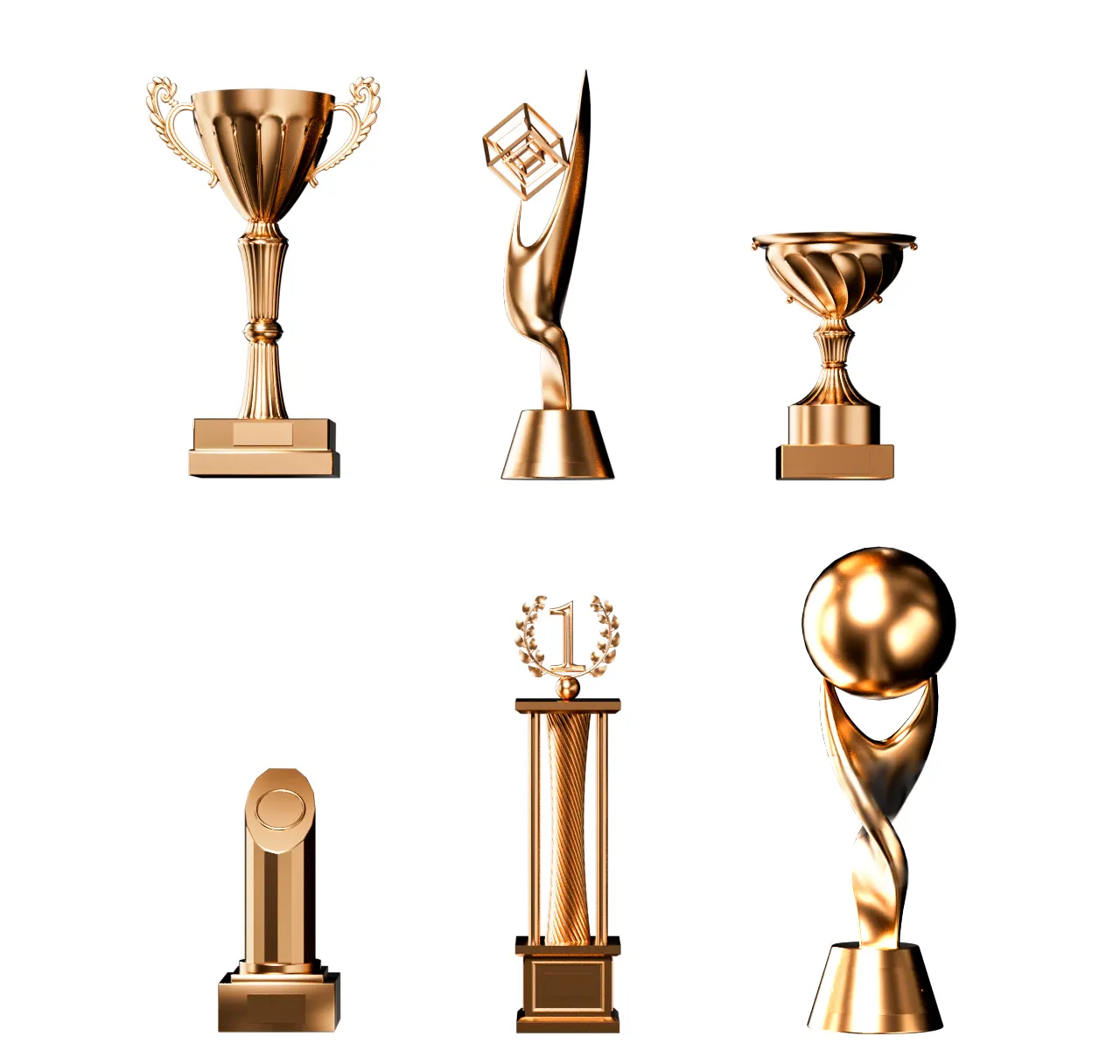 6个可定制化的多种奖杯3D模型合集支持多格式，满意用于动画短片和游戏场景建立3D model of golden honor trophy