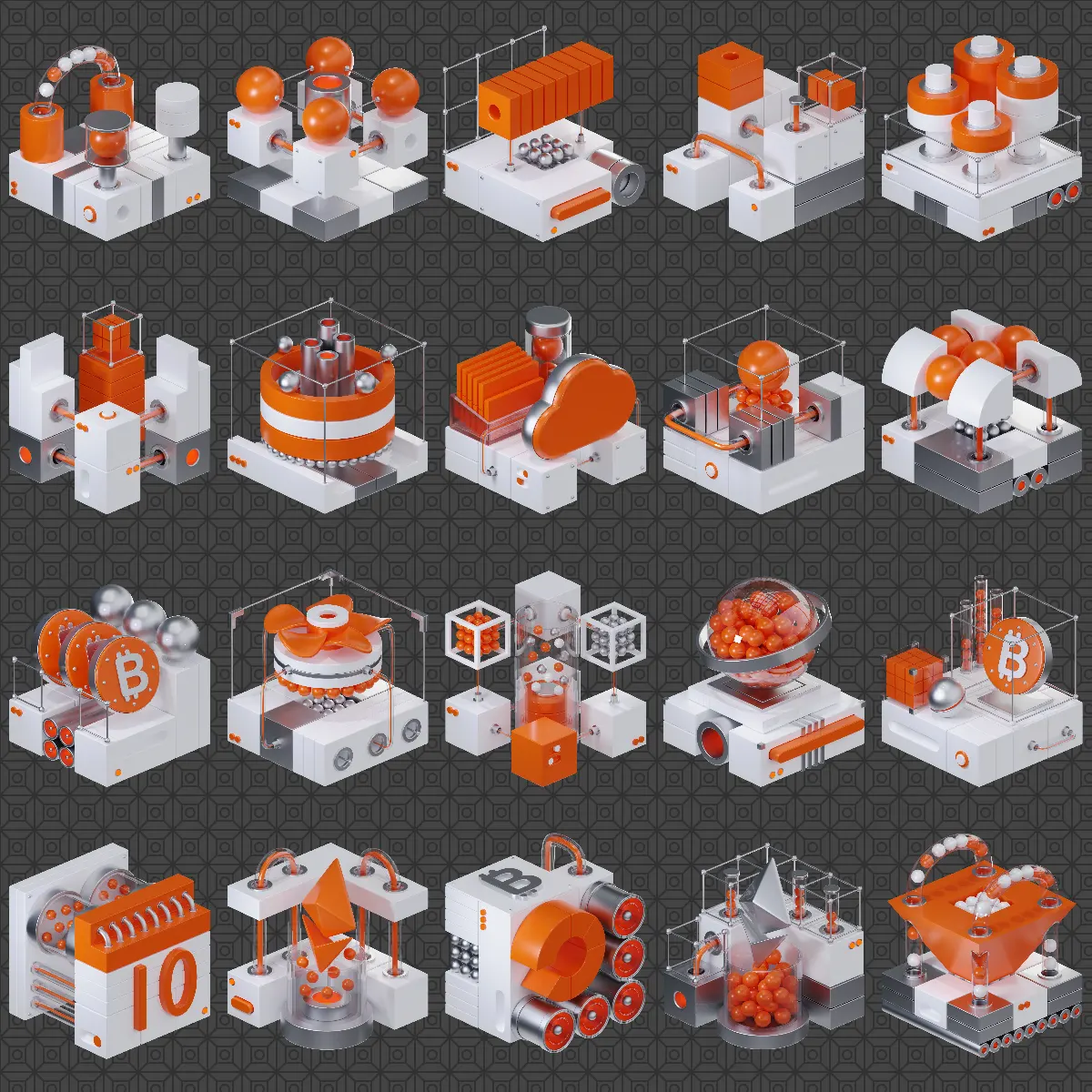 细节丰富的未来主义科技工厂建筑物组件套装,适合大数据可视化、智慧城市、工业互联网等3D项目调用